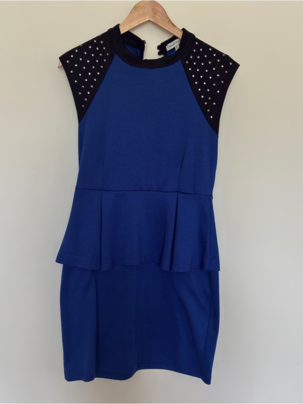Monteau Blue Peplum Dress Studded Shoulders Womans Med Y2K Trendy Bodycon